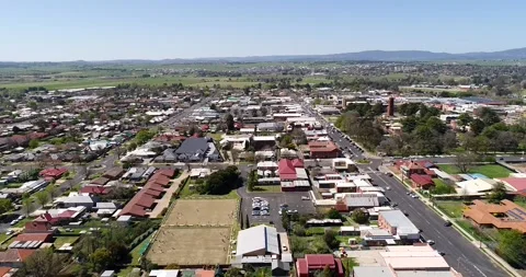 Town of Bathurst – local streets and downtown in aerial panning as 4k. Stock Footage 157152121