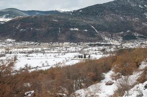 Town of Biescas in the snow. Stock Photos