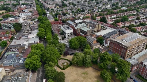 Town centre buildings, shops and offices sit beside a drought browned green Vídeos de archivo 343475746