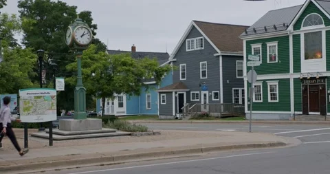 Town clock in downtown Wolfville, Nova Scotia Stock Footage 205540183