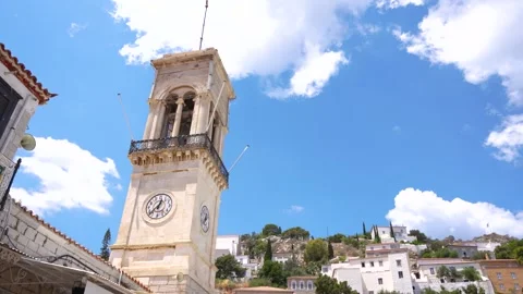 Town Clock Tower in Hydra, Greece. Greek Island Vacation Destination Travel.. Stock Footage 336594409