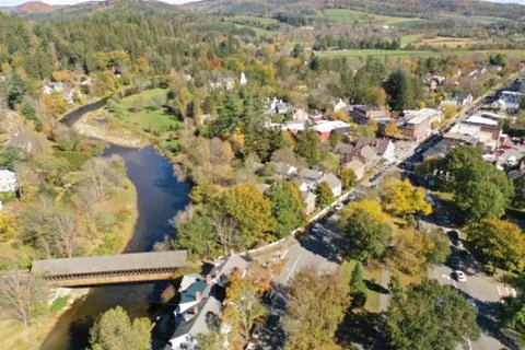 Town with covered bridge Fotos de archivo