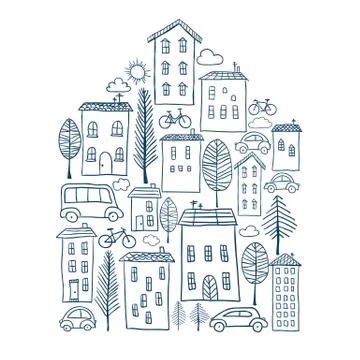 Town doodles in house shape Stock Illustration