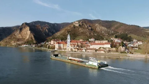 Town of Durnstein with ship on Danube river, Wachau Valley, Austria Stock Footage 108633173