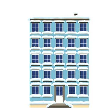 Town flat building covered with snow. Christmas snowfall in the city. clip art Ilustración de archivo