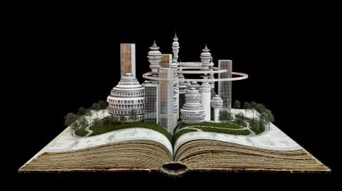 Town growing from old book concept construction composition Stock Illustration