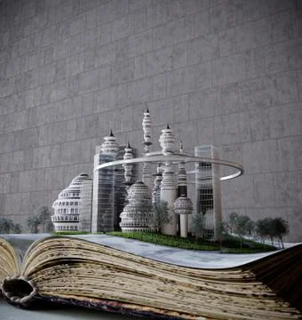 Town growing from old book concept construction composition photo Stock Illustration