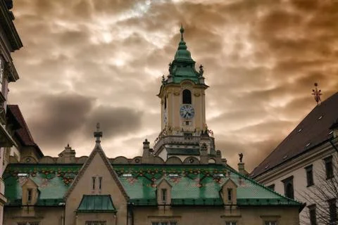 Town hall and dramatic cloudy sky Stock Photos