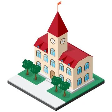 Town hall building with clock on the tower surrounded by lawn with trees. Stock Illustration