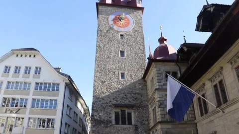 Town Hall Clock Tower in Lucerne, Switzerland Video stock 142248180