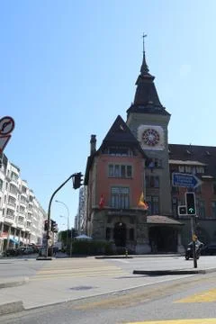 Town hall of Geneva's 'Eaux-Vives' quarter with its clock tower Stock Photos