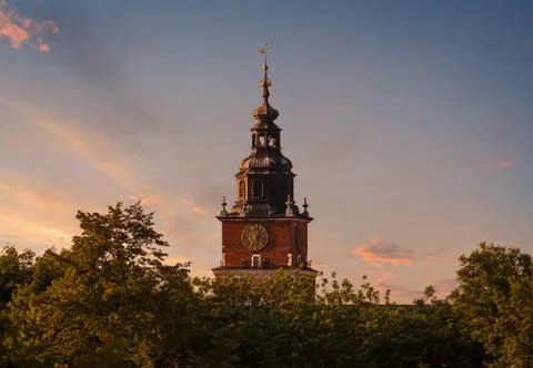 Town hall tower on the background of dramatic sky. Krakow Stock Photos