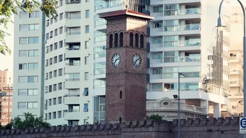 Town Hall Tower With Clock Of An Old Building And A Modern High-Rise Stock Footage 167994284