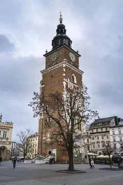 Town Hall Tower Gothic brick landmark, Main Market Square, Kraków, Poland Stock Photos