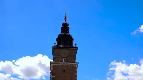 Town Hall Tower Krakow Clock Face Against Bright Blue Sky Stock Footage 340400413