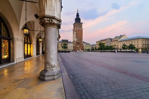 Town hall tower in the main square of  Krakow Stock Photos