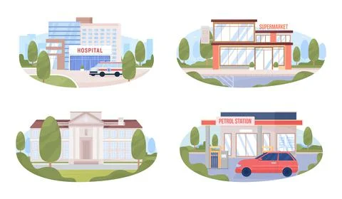 Town infrastructure 2D vector isolated illustrations set Stock Illustration