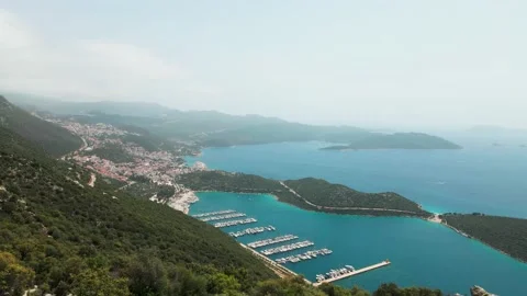 Town of Kas surrounded by sea bay and mountains. Aerial view from, 4k Turkey Stock Footage 214979644