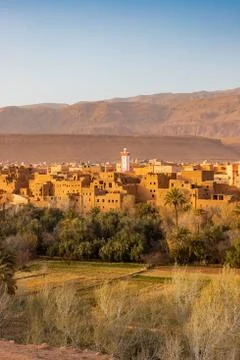 Town next to an oasis with fields and plantation in Tinghir, Morocco Stock Photos