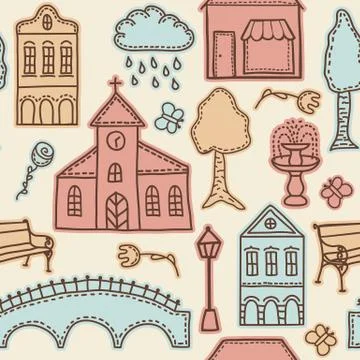 Town or city design elements on seamless pattern イラスト素材