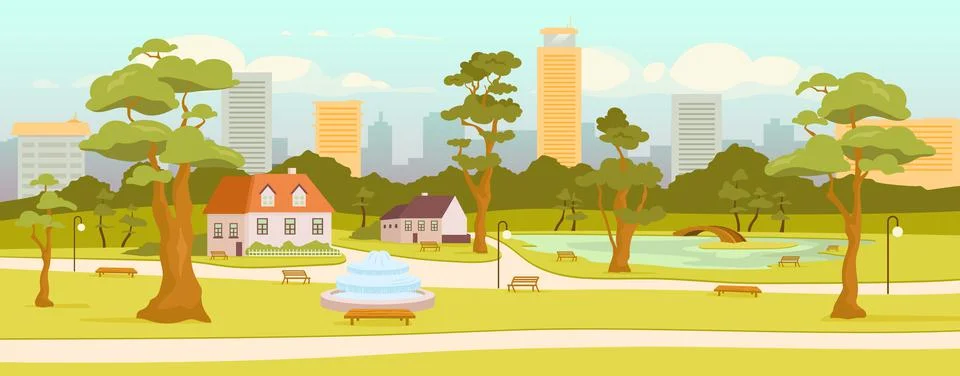Town park flat color vector illustration Ilustração Stock