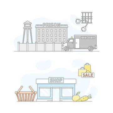 Town public building set. Prison and shop facade, commercial property vector Ilustración de archivo