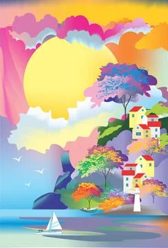 Town by the sea, Stock Illustration