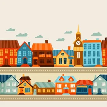 Town seamless pattern with cute colorful houses Stock Illustration