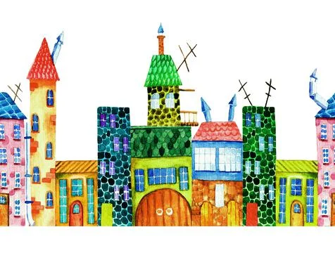 Town. Seamless pattern. Watercolor Stock Illustration