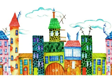 Town. Seamless pattern. Watercolor Stock Illustration