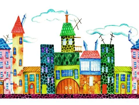 Town. Seamless pattern. Watercolor Stock Illustration
