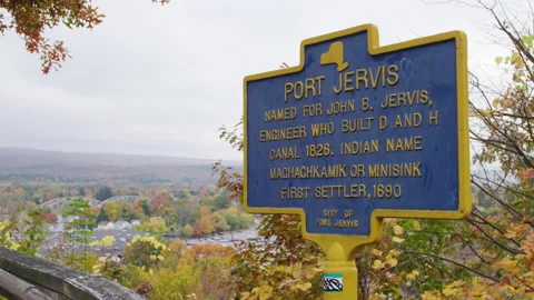 Town sign marks observation point along scenic road in Port Jervis New York Stock Footage 142082779