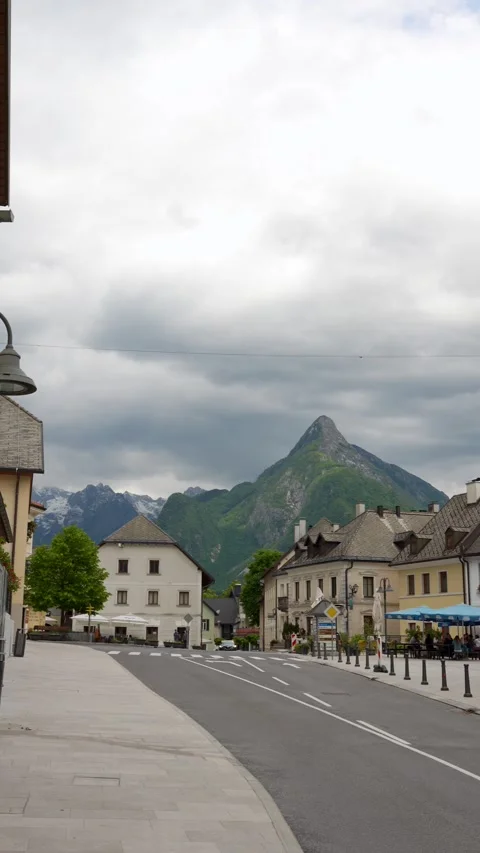 Town Square Surrounded By Restaurants In Bovec - Northwestern Slovenia Stock Footage 340252003