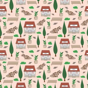 Town Street repeat vector pattern design background illustration Stock Illustration