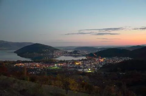 Town view from the hill in the evening Stock Photos