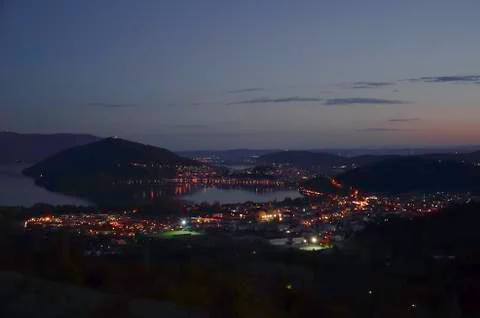 Town view from the hill in the evening Stock Photos