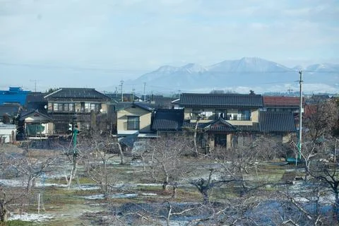 Town view with the mountains on the background Stock Photos