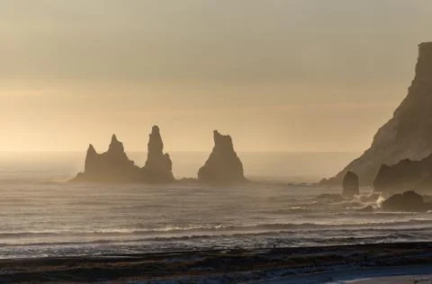 Town of Vik misty cliffs Stock Photos