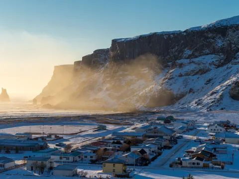 Town of Vik misty cliffs Stock Photos