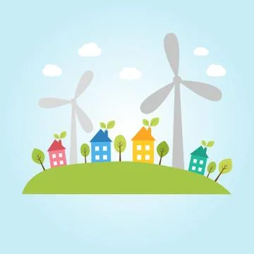 Town with wind power plants Illustrazione stock