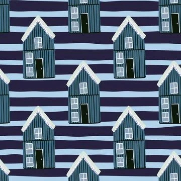 Townhouse seamless building pattern wth blue wood house ornament. Striped bac Ilustración de archivo