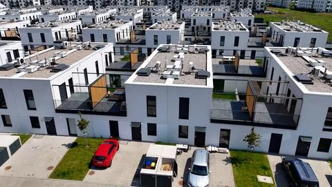 Townhouses, new residential complex, developer, aerial photography, Wroclaw,  Stock Photos