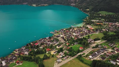 Townscape and Sailboats - Lake Attersee - Salzkammergut - Upper Austria - Stock Footage 345371663
