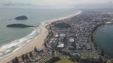 Township of Mount Maunganui, view from top of the mountain,New Zealand Stock Footage 142333237