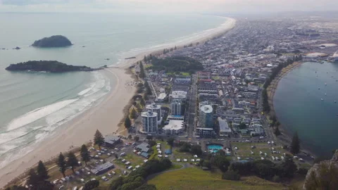 Township of Mount Maunganui, view from top of the mountain,New Zealand Stock Footage 142335737