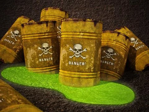 Toxic barrells with skull and bones and danger text. 3D illustration Stock Illustration