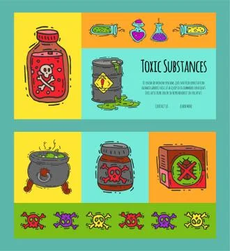 Toxic industry concept banners vector illustration. Different barrel for liquids Stock Illustration