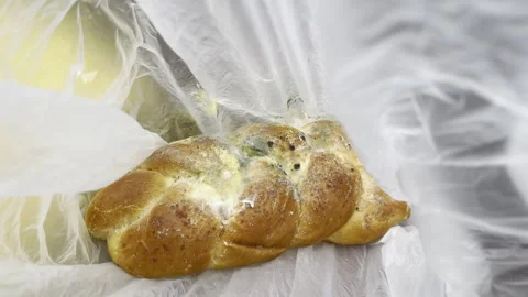 Toxic mold on bread bun surface, stale product in cellophane bag, wrong food Stock Footage 303364300