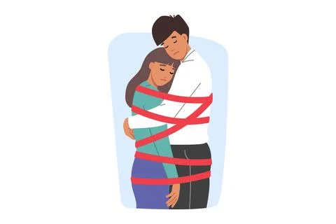 Toxic relationship between man and woman tied with rope and feeling restricted Illustrazione stock
