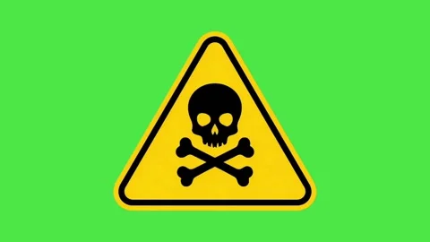 Toxic Substance Hazard Warning Sign on Green Screen - Yellow Triangle with Skull Video stock 335353444